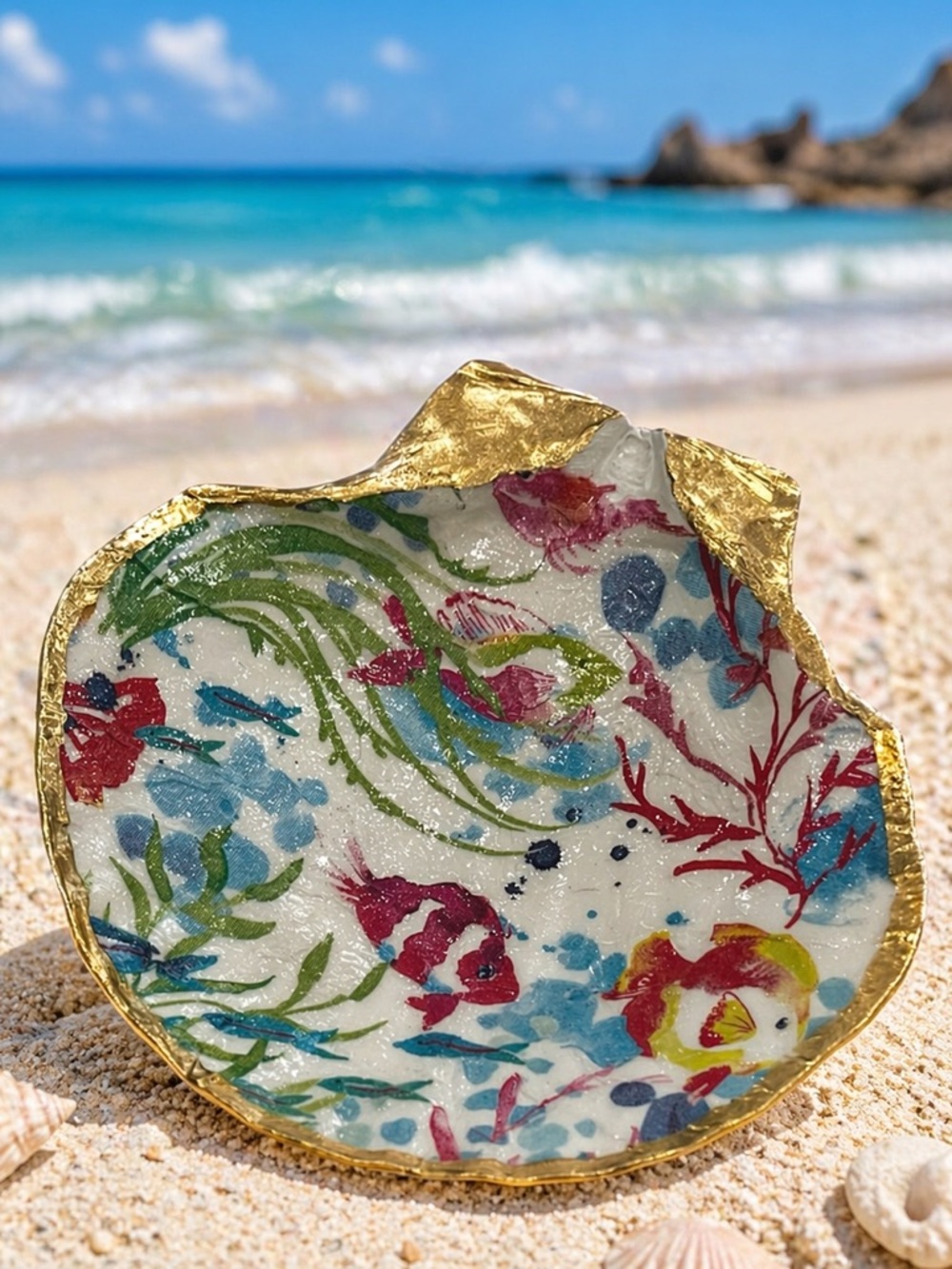 Hand Crafted Sea Life Trinket Shell Dish in Blue Pink